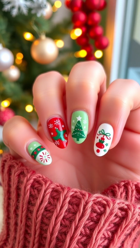 Christmas nail art with snowflakes and Christmas trees on festive colored nails.